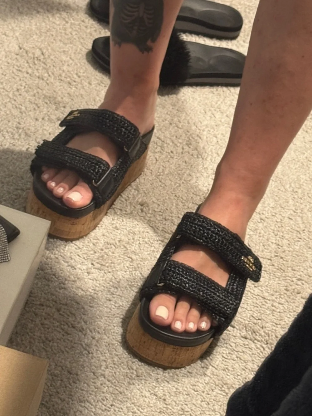 Coach Black Raffia Cork Platform Slide Sandals